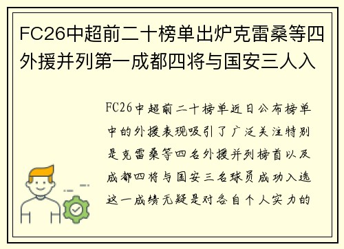 FC26中超前二十榜单出炉克雷桑等四外援并列第一成都四将与国安三人入选 FC26中超前二十榜单出炉克雷桑等四外援并列第一成都四将与国安三人入选