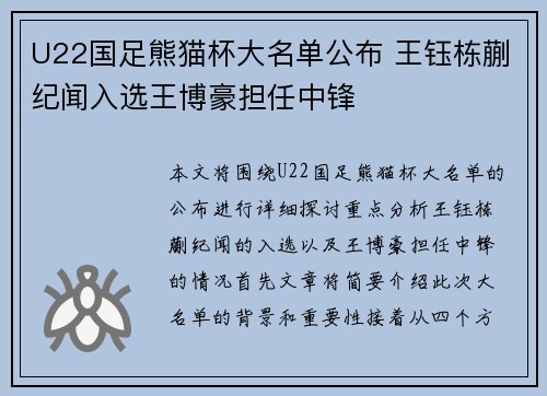 U22国足熊猫杯大名单公布 王钰栋蒯纪闻入选王博豪担任中锋 U22国足熊猫杯大名单公布 王钰栋蒯纪闻入选王博豪担任中锋